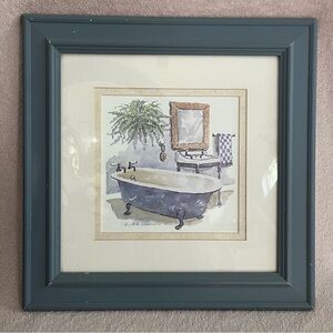 “Bathtub” by Winterle C. Olson Framed Watercolor Art Print Blue/White Bathroom